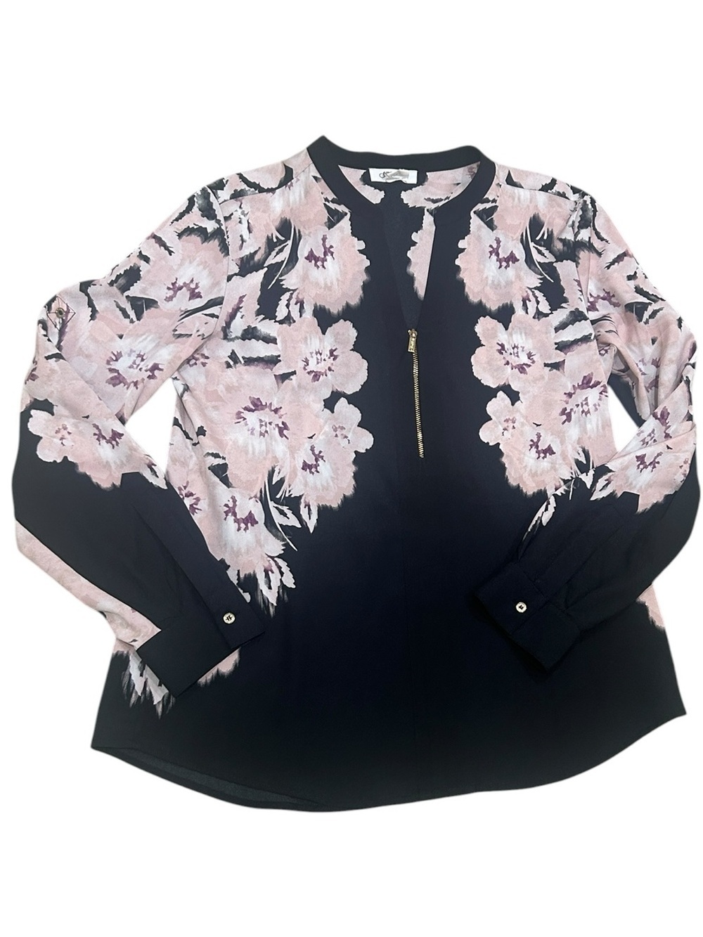 Calvin Klein Black Blouse with Blush Floral Print gold zippered front sz large - Picture 2 of 11